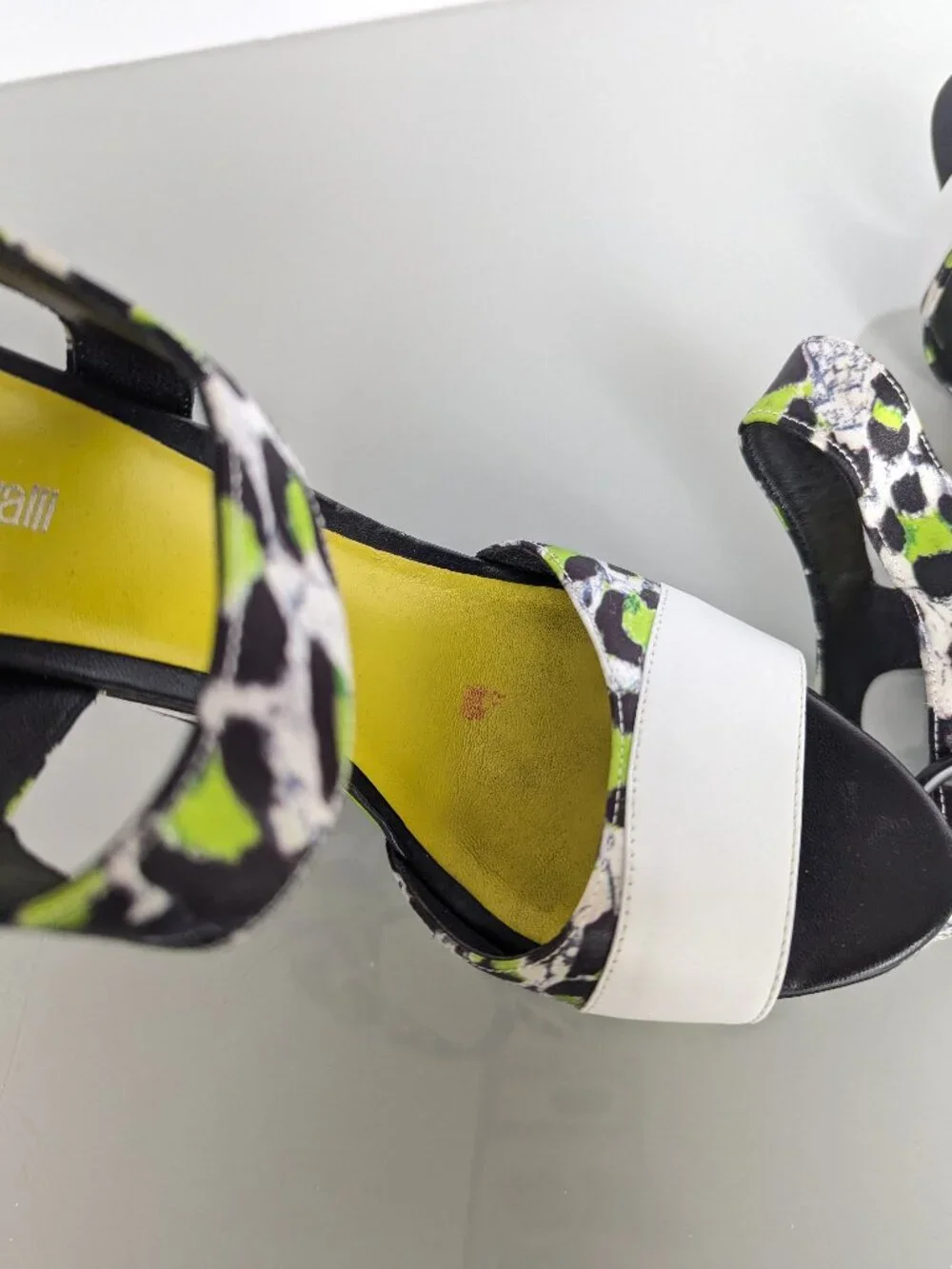 Just Cavalli Y2K Neon Black White Animal Print Open Toe Wedge Heels Size 38